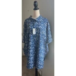 NWT Perry Ellis Stretch Blue Floral Print Short Sleeve Button Down Shirt 4X
